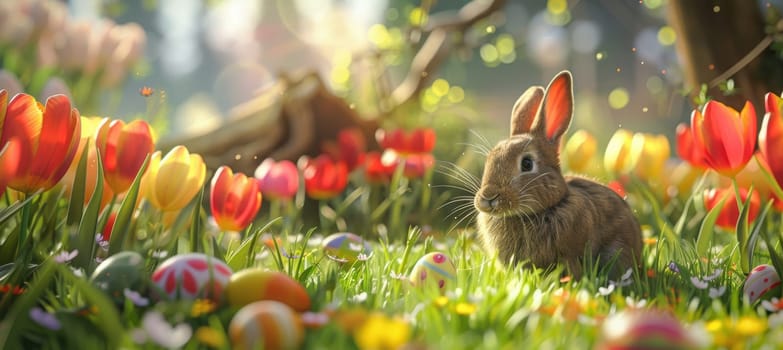 Photorealistic easter scene featuring a small rabbit nibbling grass amidst blooming tulips and scattered decorated eggs. the bright afternoon sun enhances the vibrant colors of the flowers and the festive ambiance of the garden setting.