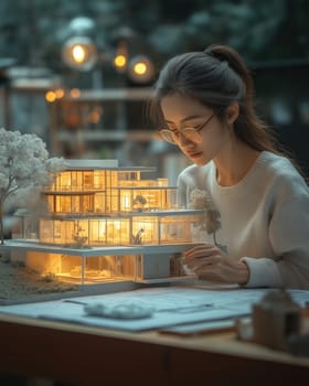 An architect builds a model house on a table. Selective focus.