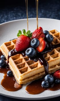 Irresistible waffles presented with an array of fresh berries. Mint leaves add a fresh touch, making this image suitable for lifestyle branding and food related content