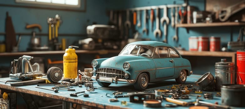 A piggy bank shaped like a vintage car sits on a mechanic's workbench surrounded by tools, oil cans, and car parts, symbolizing the concept of saving for car restoration projects. the backdrop includes garage shelves and natural light.