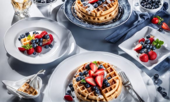 Assorted waffles served on elegant plates, garnished with vibrant berries. Rich syrup and a cozy table setting evoke a delightful brunch atmosphere, ideal for culinary blogs and social media posts