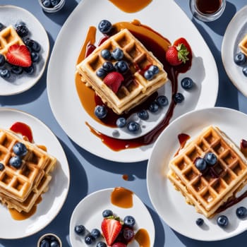 Beautifully plated waffles topped with fresh strawberries and blueberries. Drizzled with syrup, surrounded by colorful plates, warm ambiance, creating inviting breakfast scene perfect for food lovers