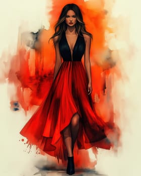 Watercolor illustration of a young woman in elegant clothing. Selective focus.