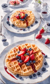 Scrumptious waffles surrounded by strawberries and blueberries, drizzled with syrup. Inviting table setting captures attention, making it perfect for food-related advertisements and blogs
