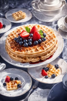 Irresistible plate of waffles topped with juicy berries and syrup. Elegant presentation and cozy atmosphere create a warm breakfast scene, ideal for lifestyle content and culinary promotions