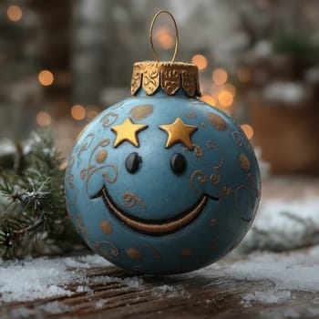 Cartoon Christmas tree toy blue ball with a smiling face. Selective focus.