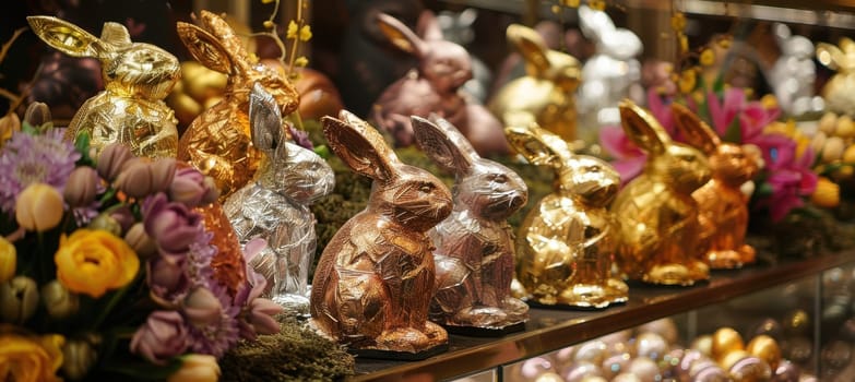 Gourmet shop's high-end easter chocolate exhibit features intricately designed eggs and bunnies in gold foil. the elegant display, adorned with fresh flowers, exudes sophistication, capturing the festive spirit and artisanal craftsmanship.