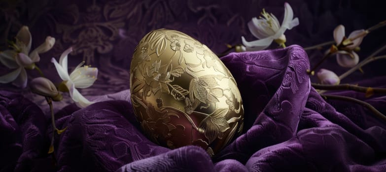 Luxurious easter card design featuring a gold egg intricately engraved with floral patterns. the egg rests on rich purple velvet surrounded by delicate white blossoms, combining elegance and festive charm for a sophisticated holiday aesthetic.