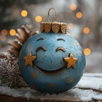 Cartoon Christmas tree toy blue ball with a smiling face. Selective focus.