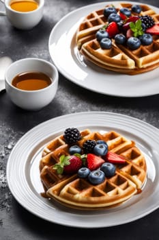 Mouthwatering waffles topped with an assortment of berries and syrup. Beautifully arranged table setting captures warmth and comfort, ideal for promoting brunch ideas and culinary creativity