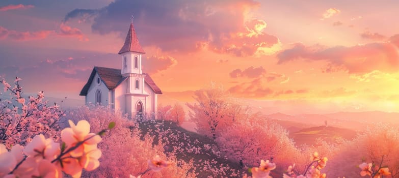 A tranquil easter scene showcasing a picturesque church atop a hill, surrounded by blooming cherry blossoms. the sky glows with soft pink and orange hues from the sunset, creating a peaceful and reflective ambiance, ideal for seasonal designs.