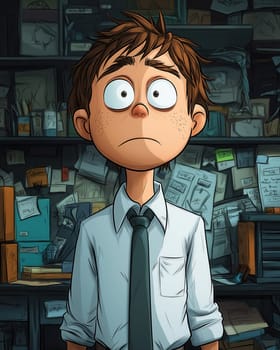 Caricature of tired office worker man in white shirt. Selective focus.