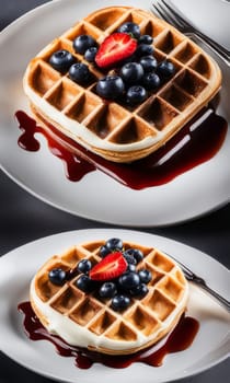 Appetizing waffles garnished with fresh strawberries, blueberries, and syrup. Colorful display and inviting arrangement make it perfect for recipe sharing and engaging food photography