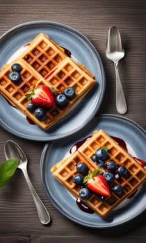 Beautifully plated waffles topped with fresh strawberries and blueberries. Drizzled with syrup, surrounded by colorful plates, warm ambiance, creating inviting breakfast scene perfect for food lovers