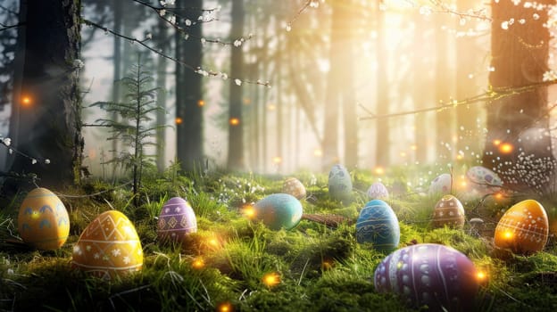 Enchanted forest scene with glowing easter eggs scattered on a moss-covered forest floor. a gentle mist rises amidst the trees, illuminated by the soft morning light, creating a magical and serene holiday atmosphere.
