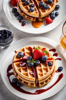 Exquisite waffles presented with vibrant strawberries and blueberries. Rich syrup enhances visual appeal, making it perfect for culinary advertisements and engaging food-related content