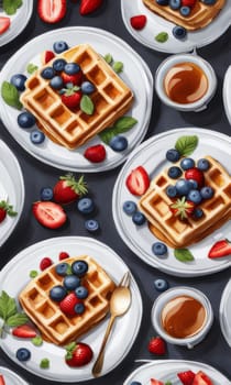 Assorted waffles served on elegant plates, garnished with vibrant berries. Rich syrup and a cozy table setting evoke a delightful brunch atmosphere, ideal for culinary blogs and social media posts