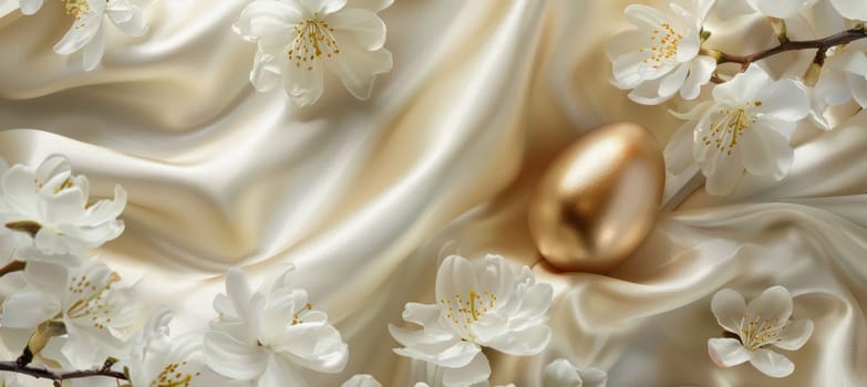 Luxurious easter design showcasing a golden egg nestled on a silky fabric, surrounded by delicate white flowers. the elegant and rich composition embodies sophistication, making it ideal for festive cards or sophisticated holiday decor.