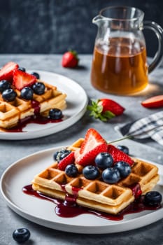 Irresistible plate of waffles topped with juicy berries and syrup. Elegant presentation and cozy atmosphere create a warm breakfast scene, ideal for lifestyle content and culinary promotions