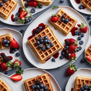 Appetizing waffles garnished with fresh strawberries, blueberries, and syrup. Colorful display and inviting arrangement make it perfect for recipe sharing and engaging food photography