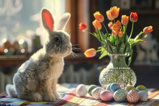 Soft plush easter bunny toy next to a vase of vibrant tulips and colorful eggs, creating a warm, inviting festive atmosphere. perfect for easter-themed decor, capturing the essence of springtime celebration and creativity.