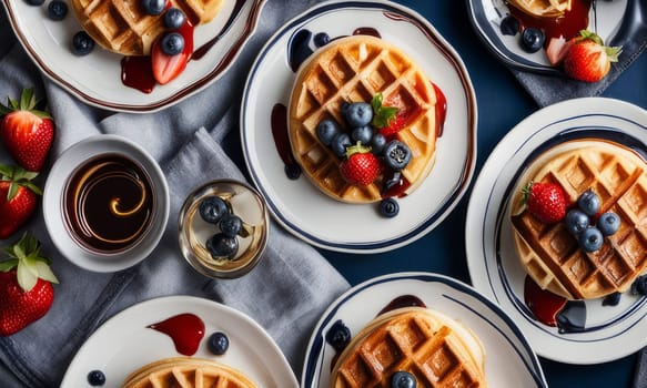 Golden waffles served on stylish plates, surrounded by fresh berries and syrup. Bright colors and inviting textures create a delightful breakfast scene, perfect for food marketing and branding
