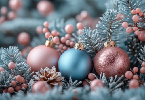 Christmas card in pastel pink. Selective focus.