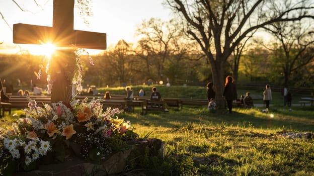Families gather in a serene park for an easter sunrise service. a large wooden cross, adorned with fresh flowers, stands prominently as the sun rises, casting a warm, golden glow over the peaceful landscape.