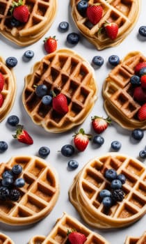 Exquisite waffles presented with vibrant strawberries and blueberries. Rich syrup enhances visual appeal, making it perfect for culinary advertisements and engaging food-related content
