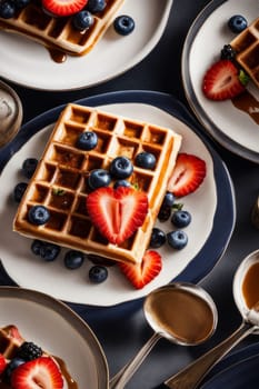 Beautifully plated waffles topped with fresh strawberries and blueberries. Drizzled with syrup, surrounded by colorful plates, warm ambiance, creating inviting breakfast scene perfect for food lovers