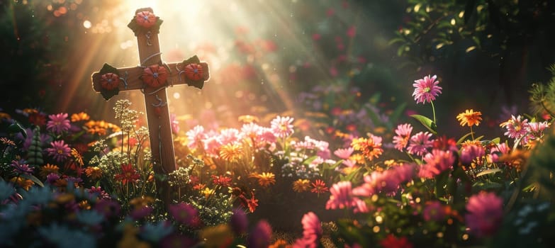 A tranquil easter scene featuring a decorated cross in a lush garden filled with vibrant flowers. sunlight streams gently, enhancing the spiritual atmosphere. ideal for easter-themed designs, faith-based posters, or peaceful spiritual messages.
