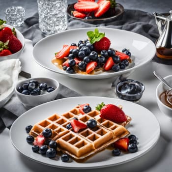 Tempting display of waffles layered with strawberries and blueberries. Accompanied by syrup and a fresh berry bowl, creating a visually appealing breakfast spread perfect for food marketing