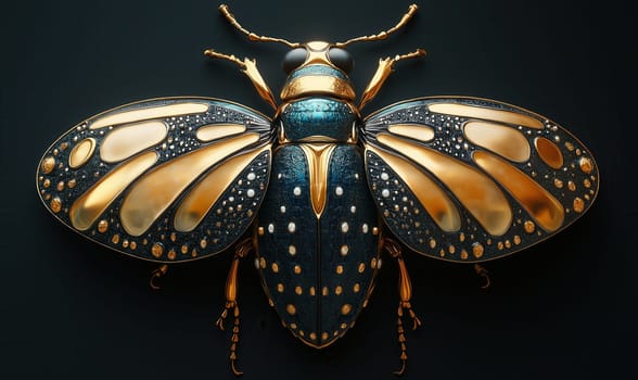Brooch beetle with wings on a black background. Selective focus.