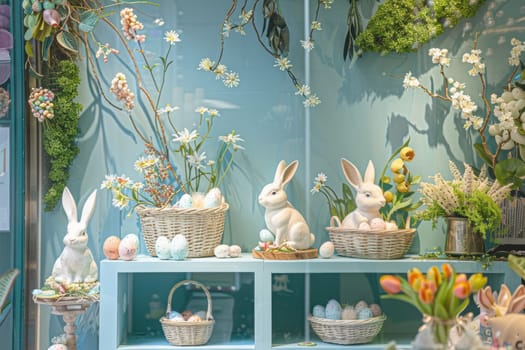Charming easter-themed window display in a boutique shop featuring pastel-colored decorations, bunny figurines, and baskets filled with decorated eggs. designed to attract customers, it combines festive elements with a springtime aesthetic.