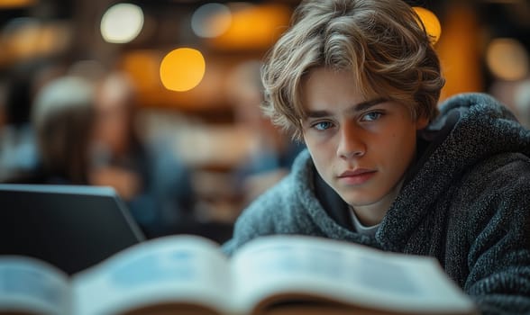 A young man sits in a library working on a laptop. Selective focus.