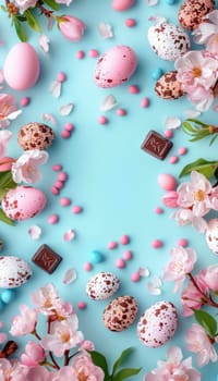 Easter-themed flat lay features a blank invitation card surrounded by pastel-colored eggs, chocolate bunnies, and spring flowers. ideal for event announcements, the composition provides ample space for personalized text or details.