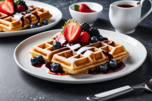 Appetizing waffles garnished with fresh strawberries, blueberries, and syrup. Colorful display and inviting arrangement make it perfect for recipe sharing and engaging food photography