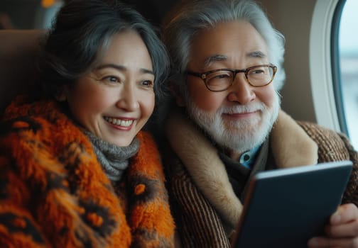 Elderly asian tourist couple sitting on airplane with digital tablet. Selective focus.