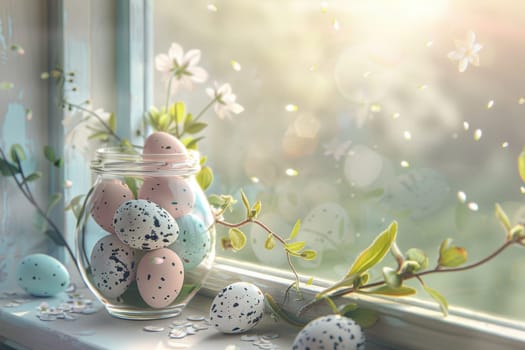 Delicate pastel-colored easter eggs in a glass jar sit on a windowsill adorned with fresh spring flowers. the soft morning light bathes the scene, creating a serene and festive atmosphere perfect for springtime decor inspiration.