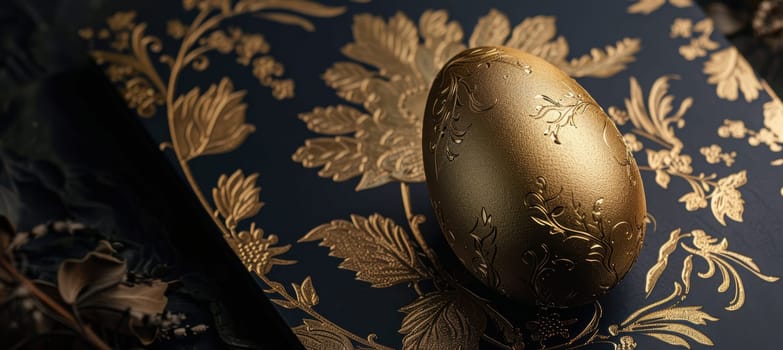Luxurious easter card featuring a matte gold egg adorned with delicate floral engravings. the egg rests on a marble surface, surrounded by intricate gold floral patterns. the dark navy background adds an elegant and sophisticated touch.