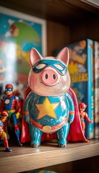 A whimsical piggy bank styled as a superhero with a cape and mask sits prominently on a child's bedroom shelf. encircled by vibrant action figures, the playful setup adds charm and creativity to the room, inspiring imaginative adventures.
