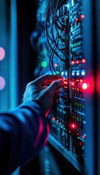 Technician's hands meticulously adjusting cables in a network rack. flashes of red lights indicate ongoing data transfer, the precision and technical expertise involved in maintaining efficient server operations.