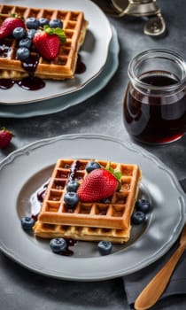 Scrumptious waffles surrounded by strawberries and blueberries, drizzled with syrup. Inviting table setting captures attention, making it perfect for food-related advertisements and blogs