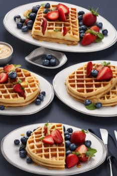 Delectable waffles presented with an array of fresh berries. Plates showcase inviting colors, with syrup cascading down, ideal for showcasing brunch culture and culinary inspiration