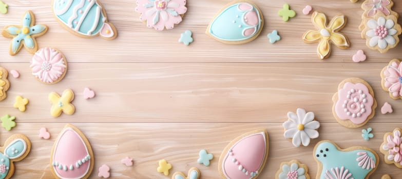 Easter-themed flat lay featuring pastel-colored cookies shaped like eggs, bunnies, and flowers on a wooden table. the vibrant decorations create a festive and inviting atmosphere, perfect for spring holiday designs, cards, or posters.
