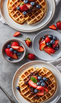 Mouthwatering waffles topped with an assortment of berries and syrup. Beautifully arranged table setting captures warmth and comfort, ideal for promoting brunch ideas and culinary creativity