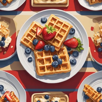 Scrumptious waffles surrounded by strawberries and blueberries, drizzled with syrup. Inviting table setting captures attention, making it perfect for food-related advertisements and blogs