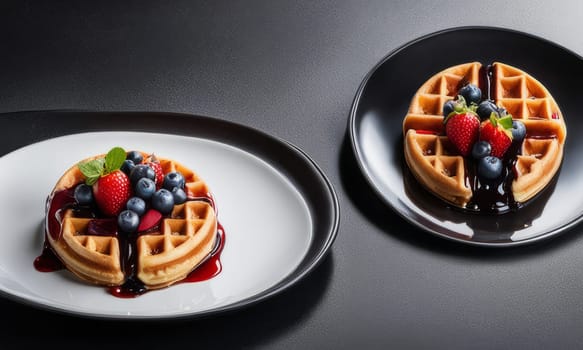 Assorted waffles served on elegant plates, garnished with vibrant berries. Rich syrup and a cozy table setting evoke a delightful brunch atmosphere, ideal for culinary blogs and social media posts