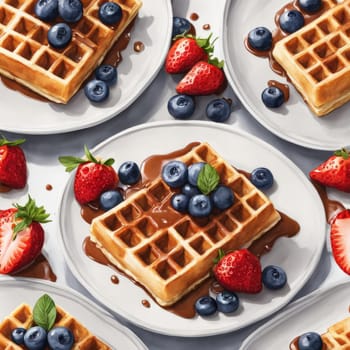 Tempting display of waffles layered with strawberries and blueberries. Accompanied by syrup and a fresh berry bowl, creating a visually appealing breakfast spread perfect for food marketing