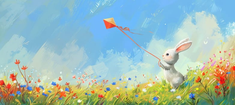 A whimsical cartoon bunny flies a kite shaped like an easter egg across a vibrant meadow teeming with colorful flowers. the bright and cheerful spring landscape provides a sense of joy and playfulness, perfect for seasonal celebrations.